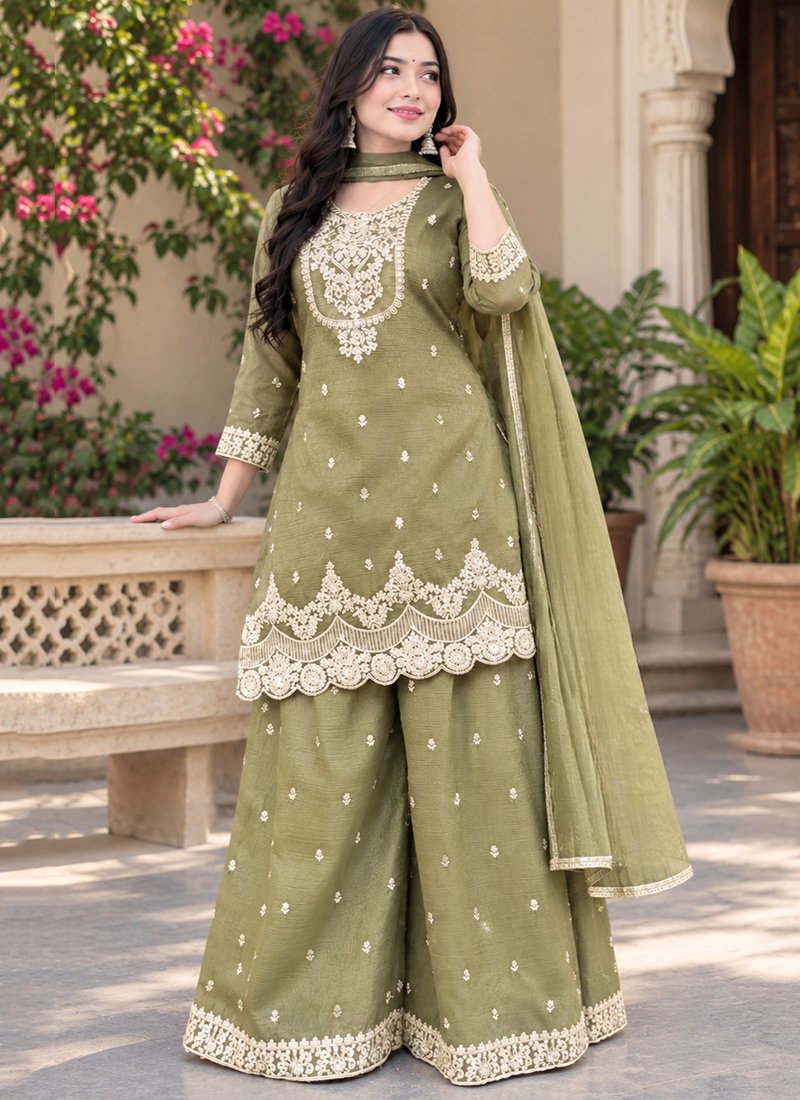 Silk Embroidery Work Festive Wear Readymade Sharara Suit