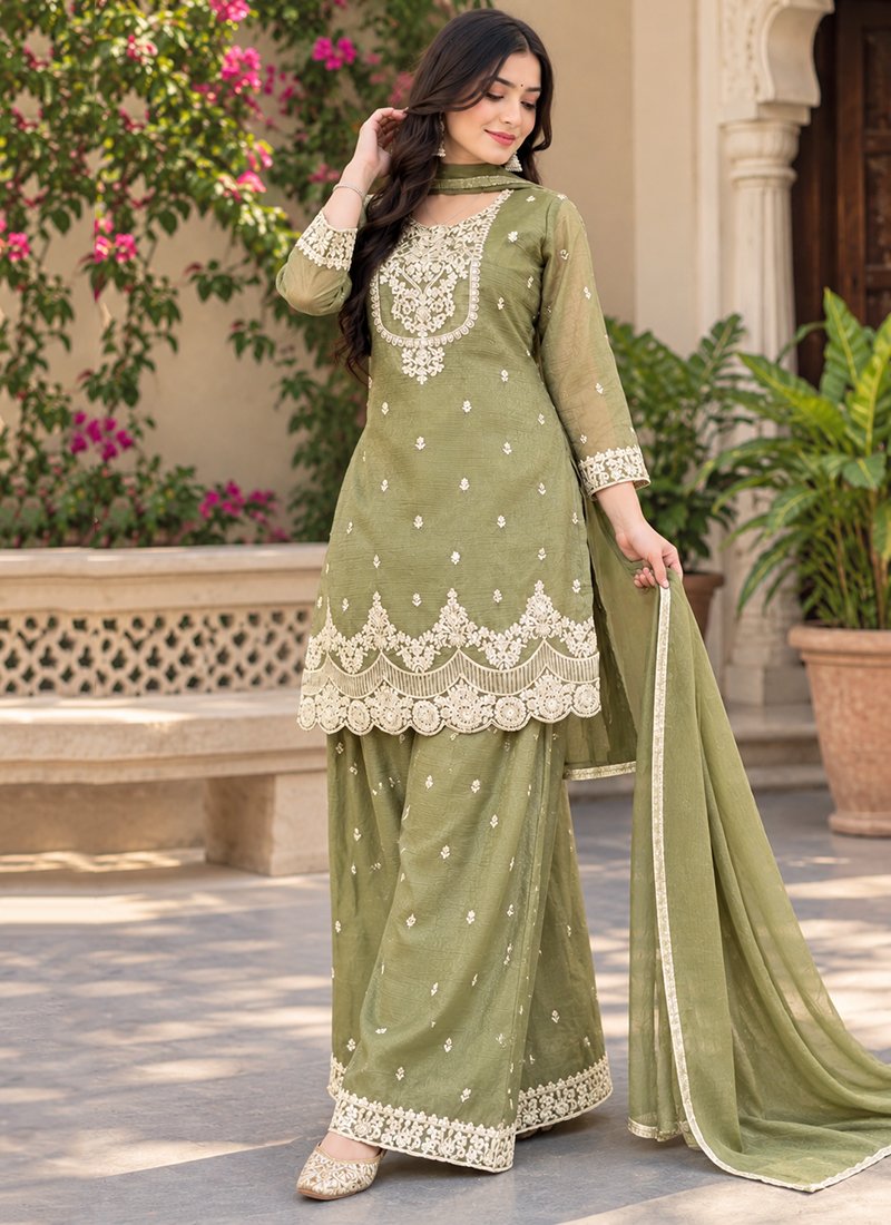 Silk Embroidery Work Festive Wear Readymade Sharara Suit