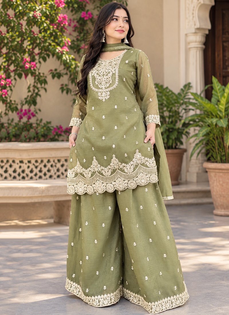 Silk Embroidery Work Festive Wear Readymade Sharara Suit