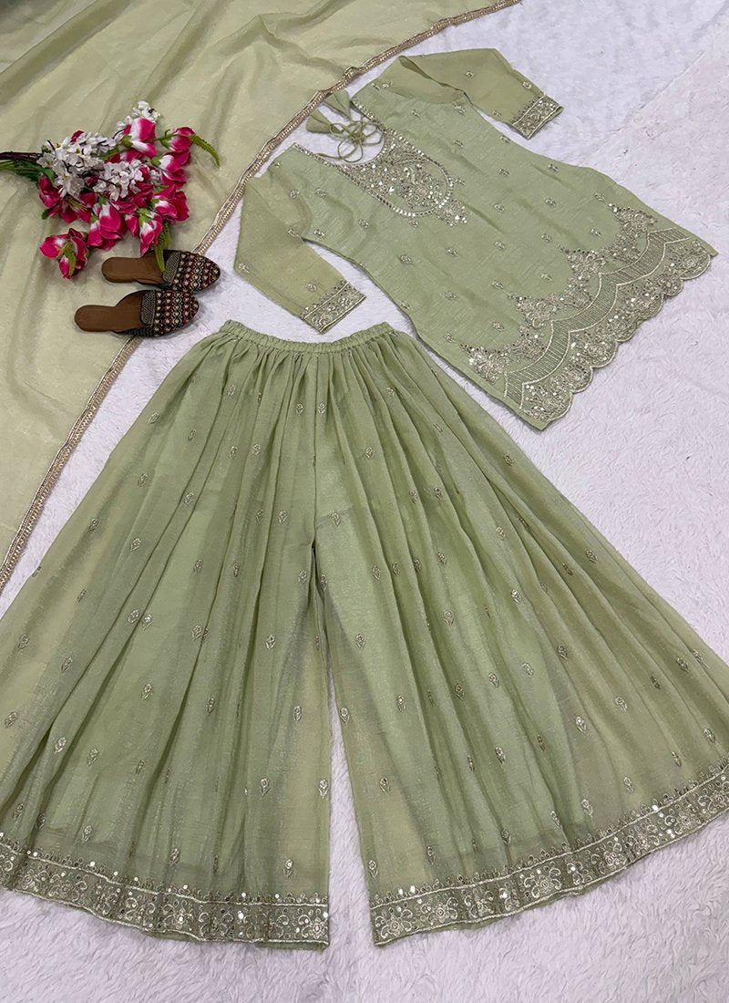 Silk Embroidery Work Festive Wear Readymade Sharara Suit