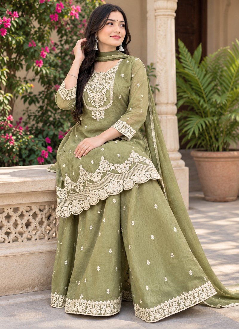 Silk Embroidery Work Festive Wear Readymade Sharara Suit