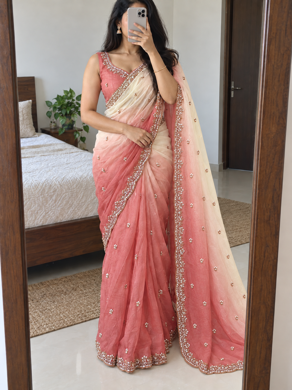 Premium Crush Saree With Original Beeds Work With Butti Design