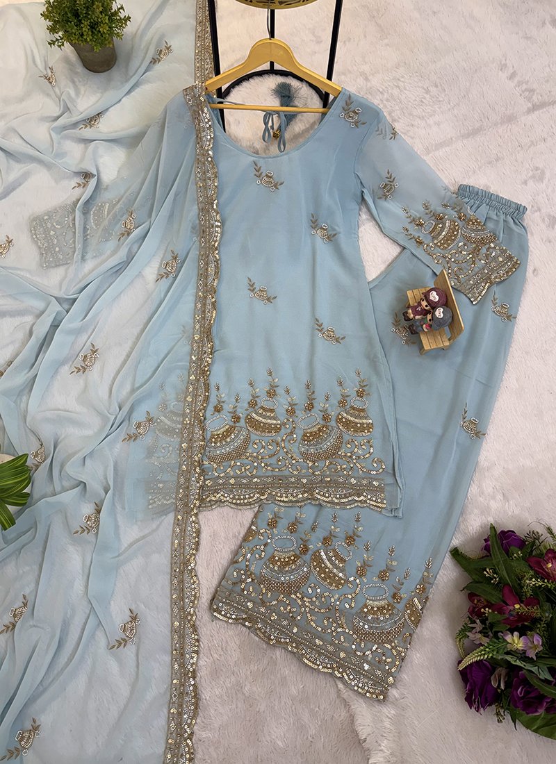 Sky Blue Georgette Embroidery Work Readymade Plazzo Suit