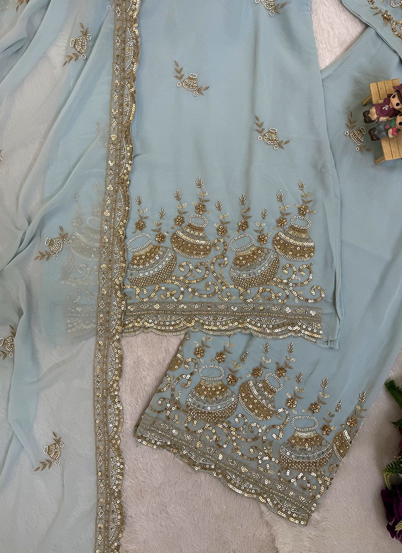 Sky Blue Georgette Embroidery Work Readymade Plazzo Suit