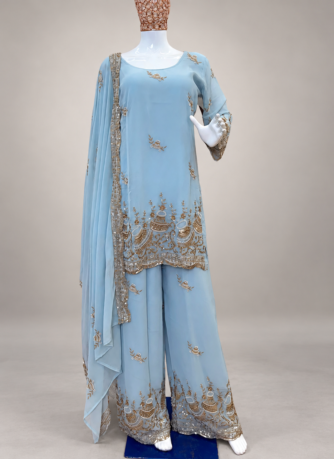 Sky Blue Georgette Embroidery Work Readymade Plazzo Suit