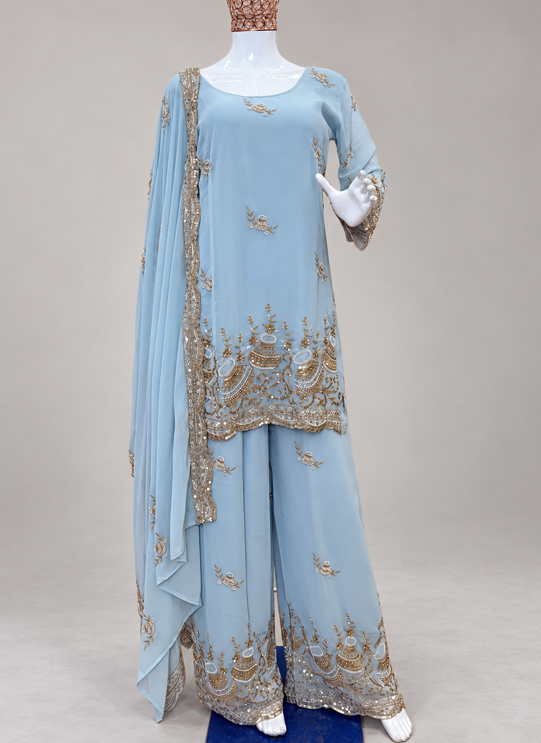 Sky Blue Georgette Embroidery Work Readymade Plazzo Suit