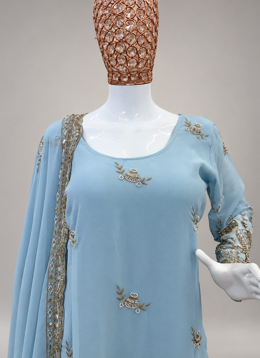 Sky Blue Georgette Embroidery Work Readymade Plazzo Suit