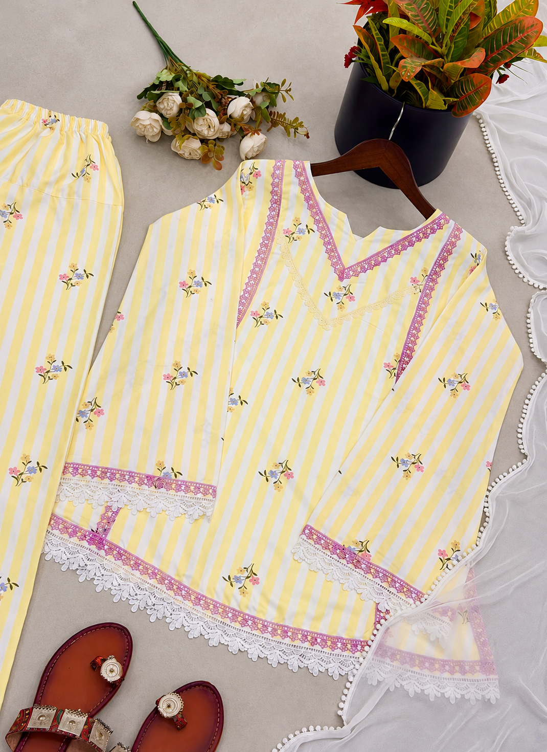 Yellow Crepe Silk Printed Work