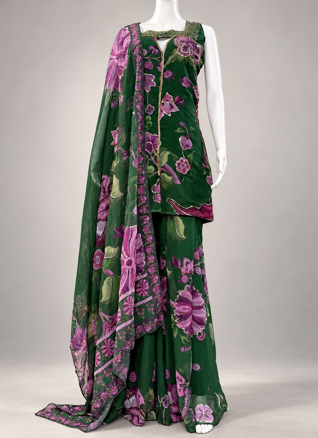 Teal Green Georgette Digital Print Work Readymade Sharara Suit