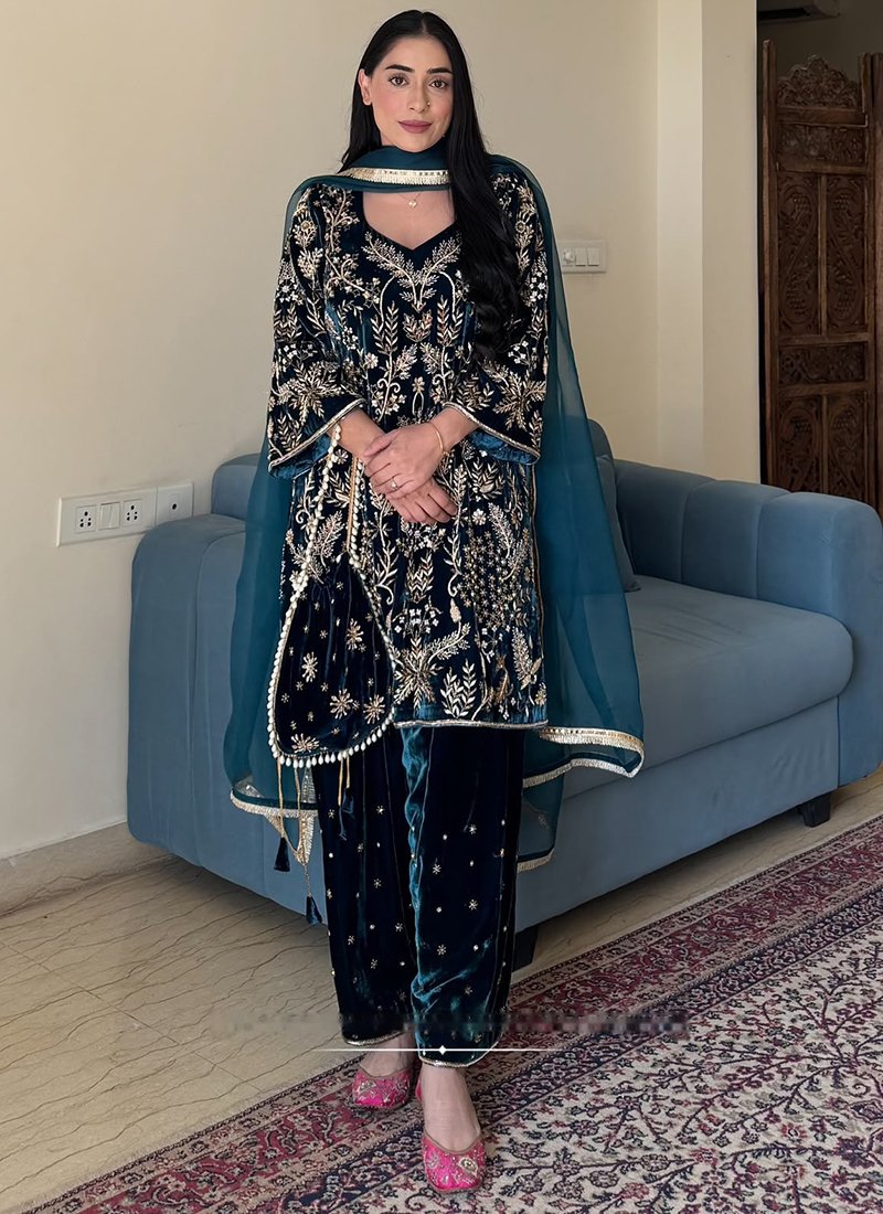 Teal Blue Velvet Embroidery Work Readymade Plazzo Suit