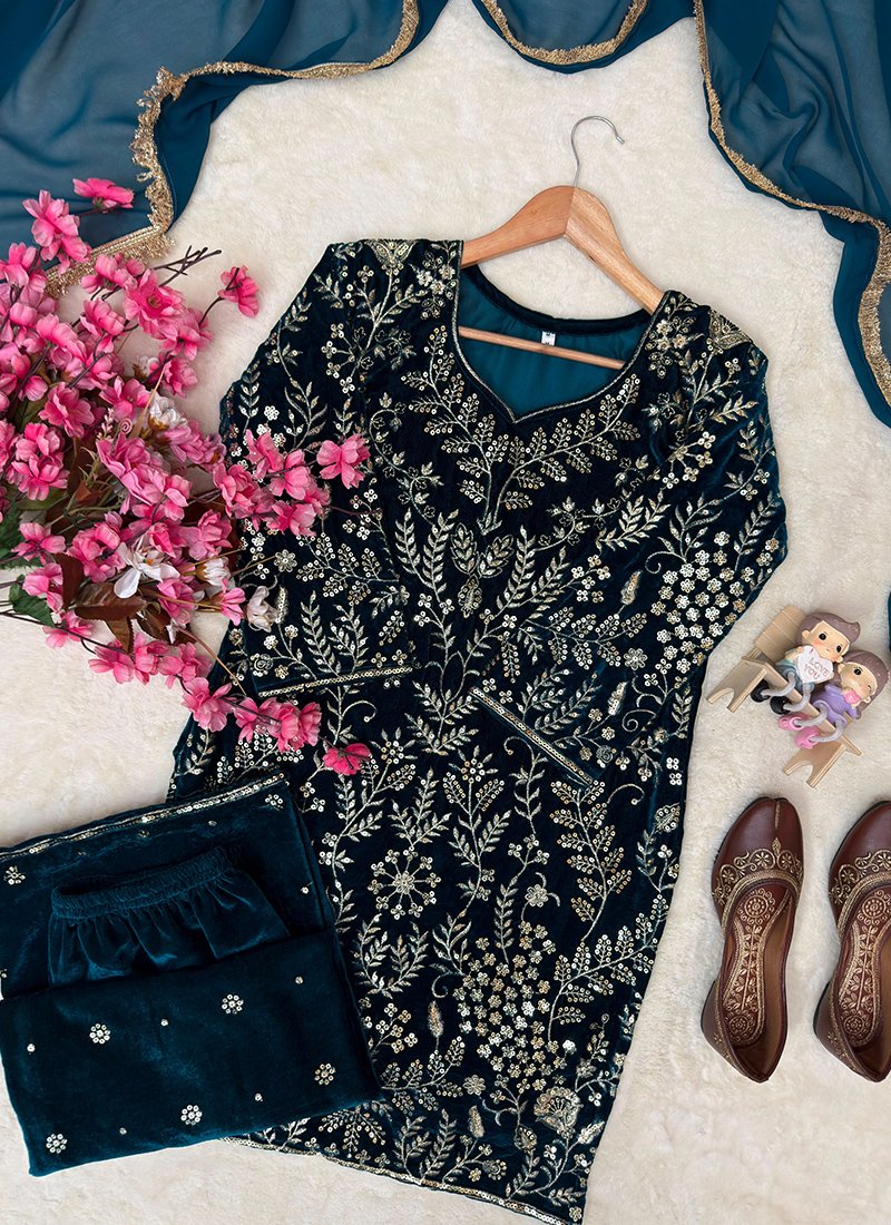Teal Blue Velvet Embroidery Work Readymade Plazzo Suit