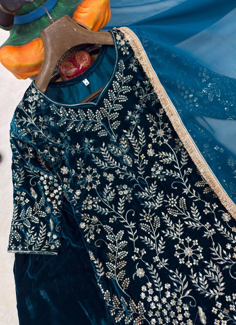 Teal Blue Velvet Embroidery Work Readymade Plazzo Suit