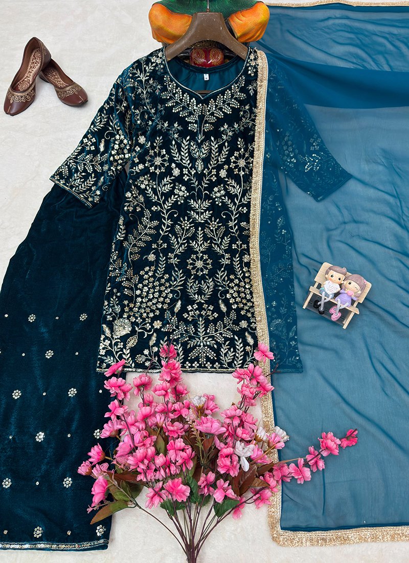 Teal Blue Velvet Embroidery Work Readymade Plazzo Suit
