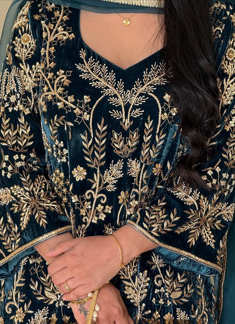 Teal Blue Velvet Embroidery Work Readymade Plazzo Suit
