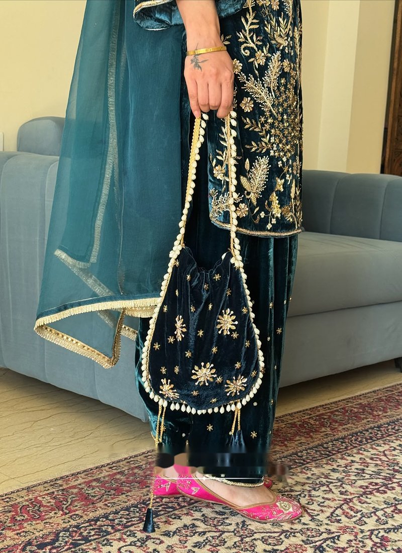 Teal Blue Velvet Embroidery Work Readymade Plazzo Suit
