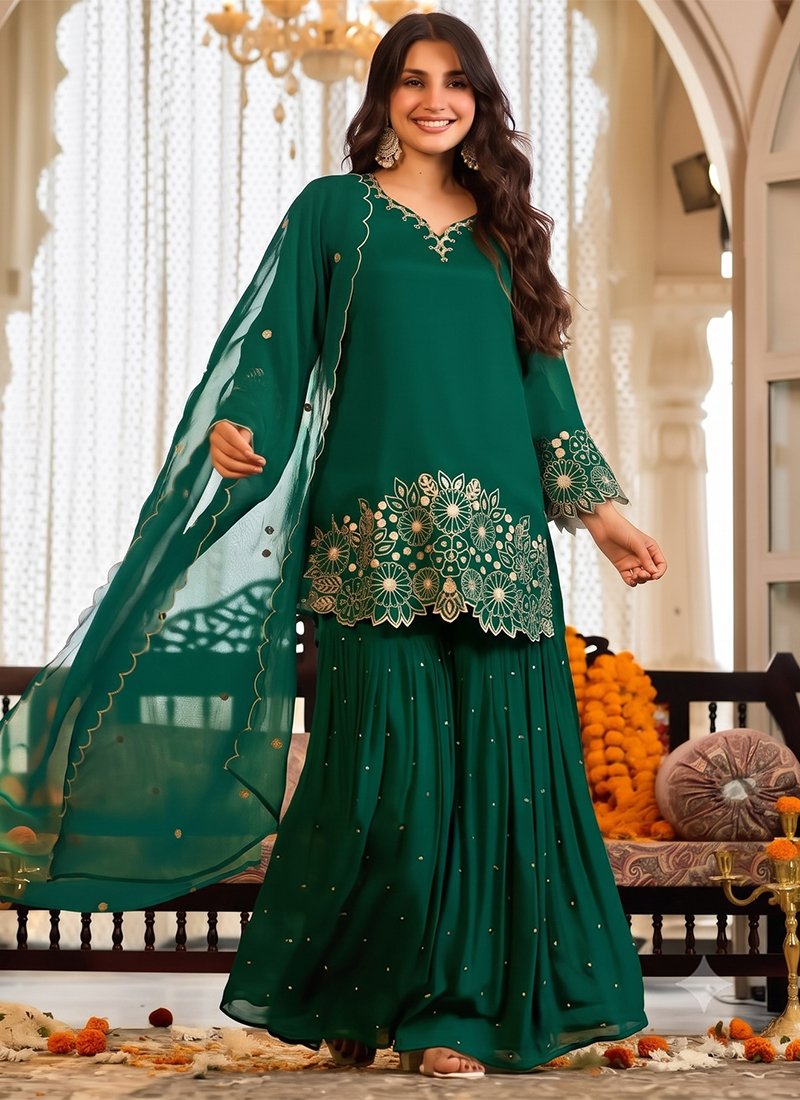 Chinon Silk Embroidery Work Festival Wear Readymade Sharara Suit