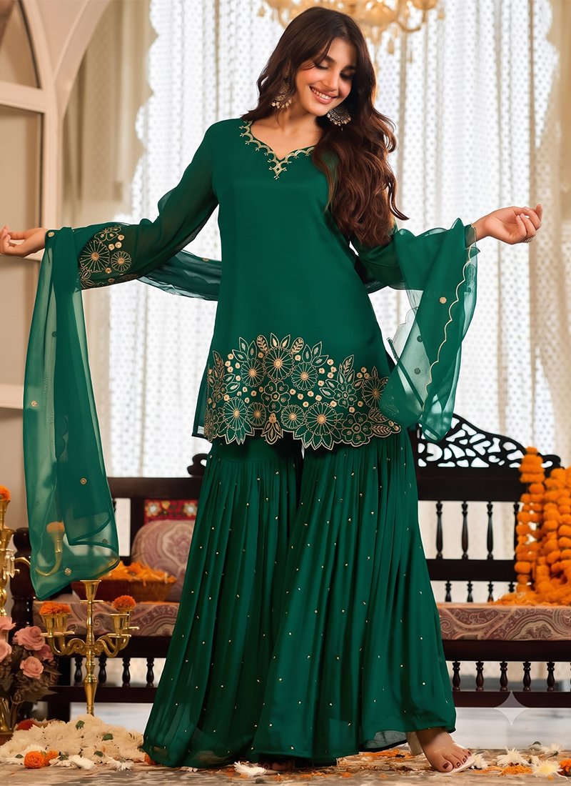 Chinon Silk Embroidery Work Festival Wear Readymade Sharara Suit