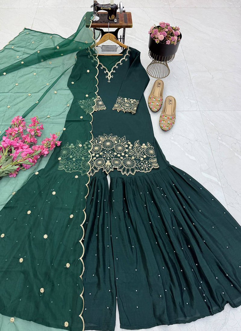 Chinon Silk Embroidery Work Festival Wear Readymade Sharara Suit