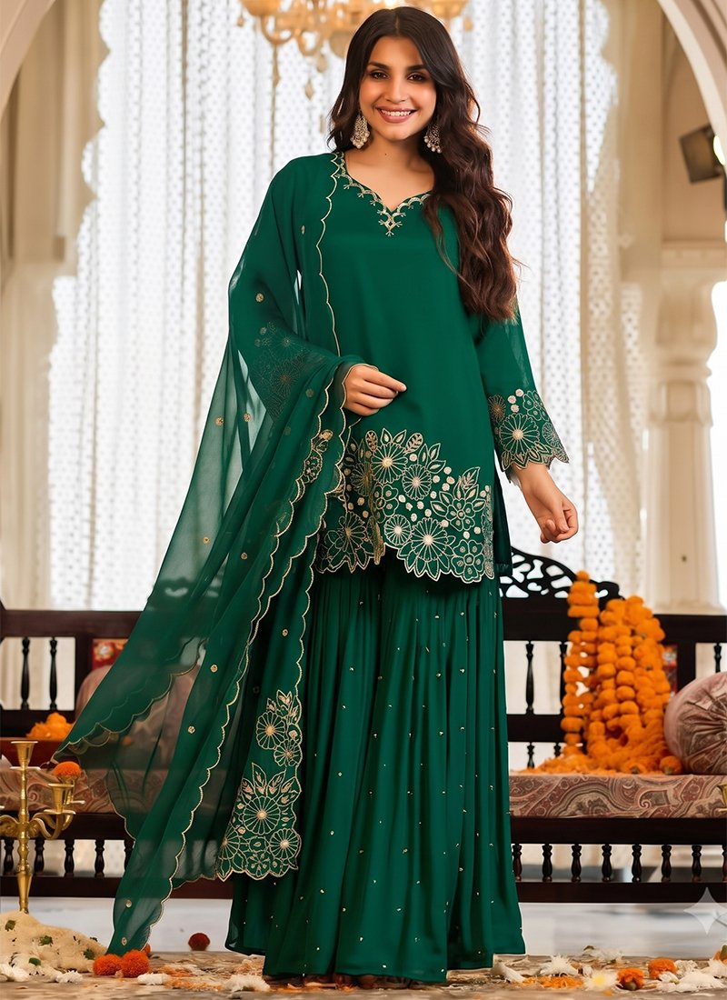 Chinon Silk Embroidery Work Festival Wear Readymade Sharara Suit
