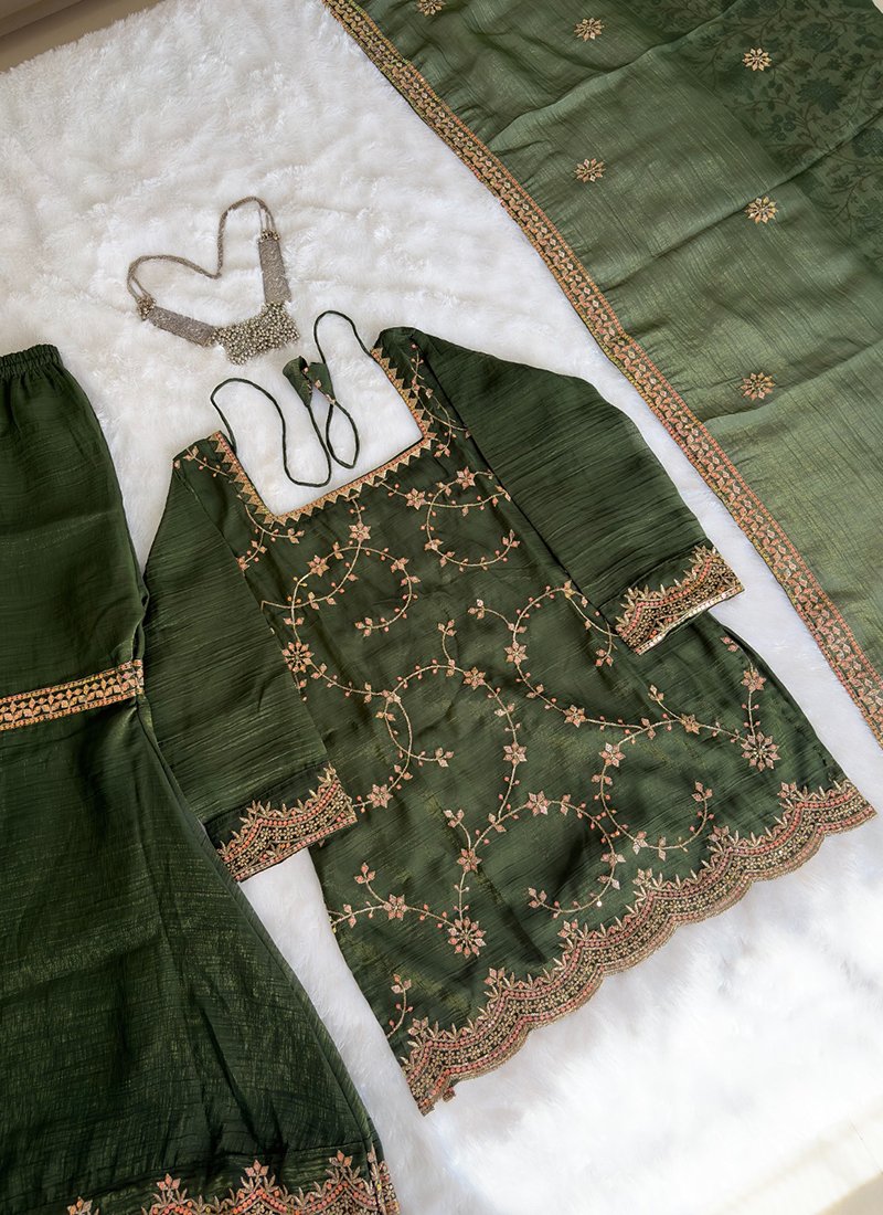 Teal Green Silk Embroidery Work Readymade Sharara Suit