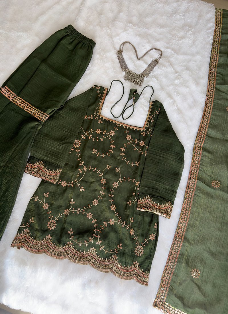Teal Green Silk Embroidery Work Readymade Sharara Suit