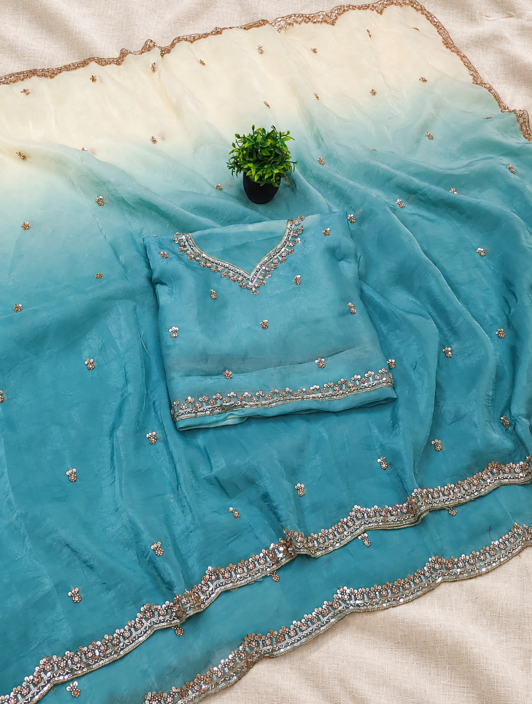 Premium Crush Saree With Original Beeds Work With Butti Design