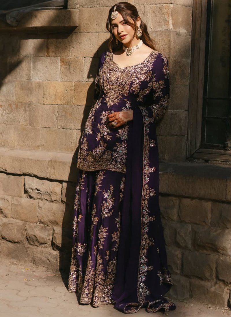 Chinon Silk Sequins Work Casual Wear Readymade Palazzo Suit