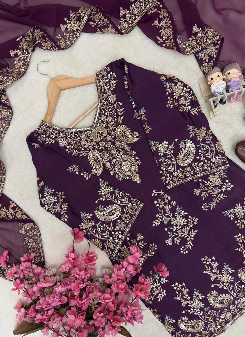 Chinon Silk Sequins Work Casual Wear Readymade Palazzo Suit
