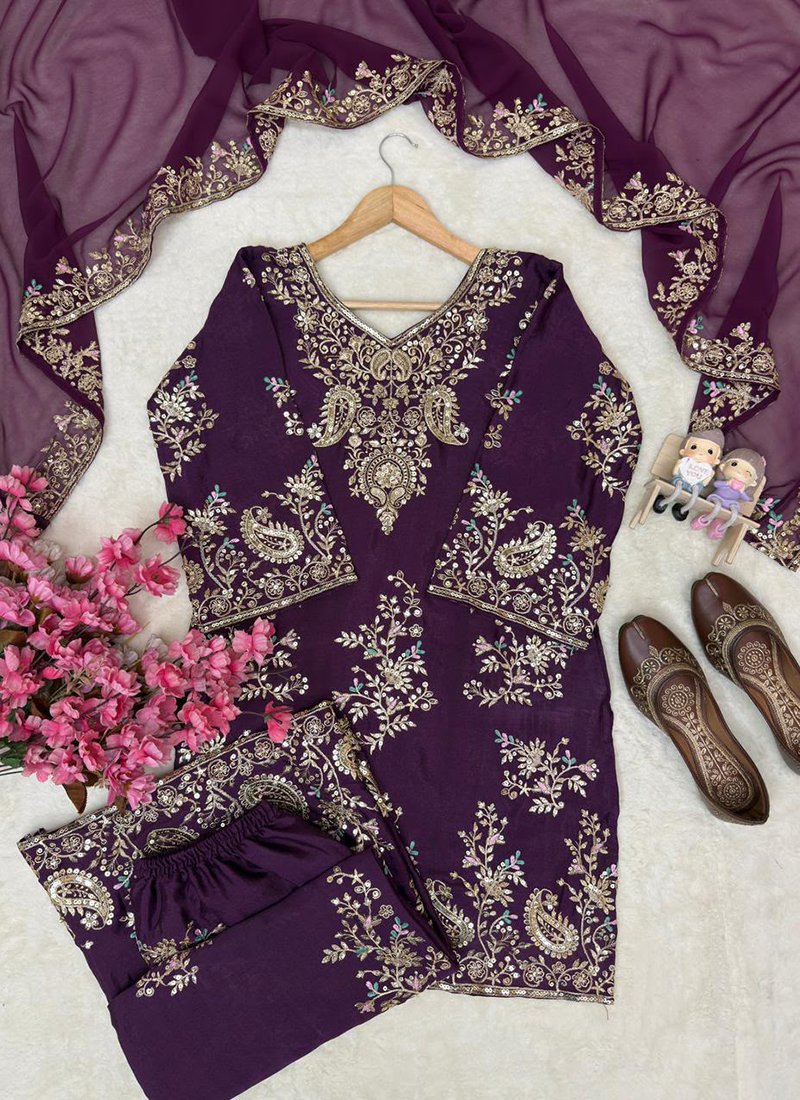 Chinon Silk Sequins Work Casual Wear Readymade Palazzo Suit