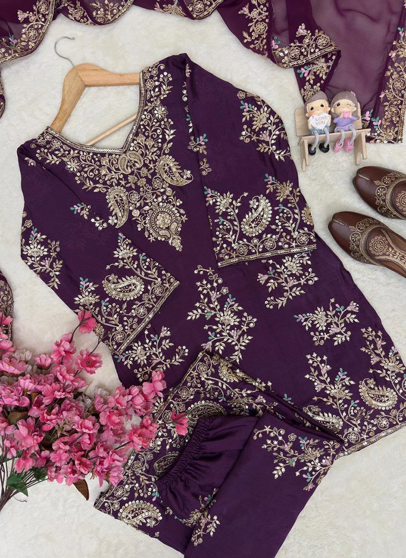 Chinon Silk Sequins Work Casual Wear Readymade Palazzo Suit