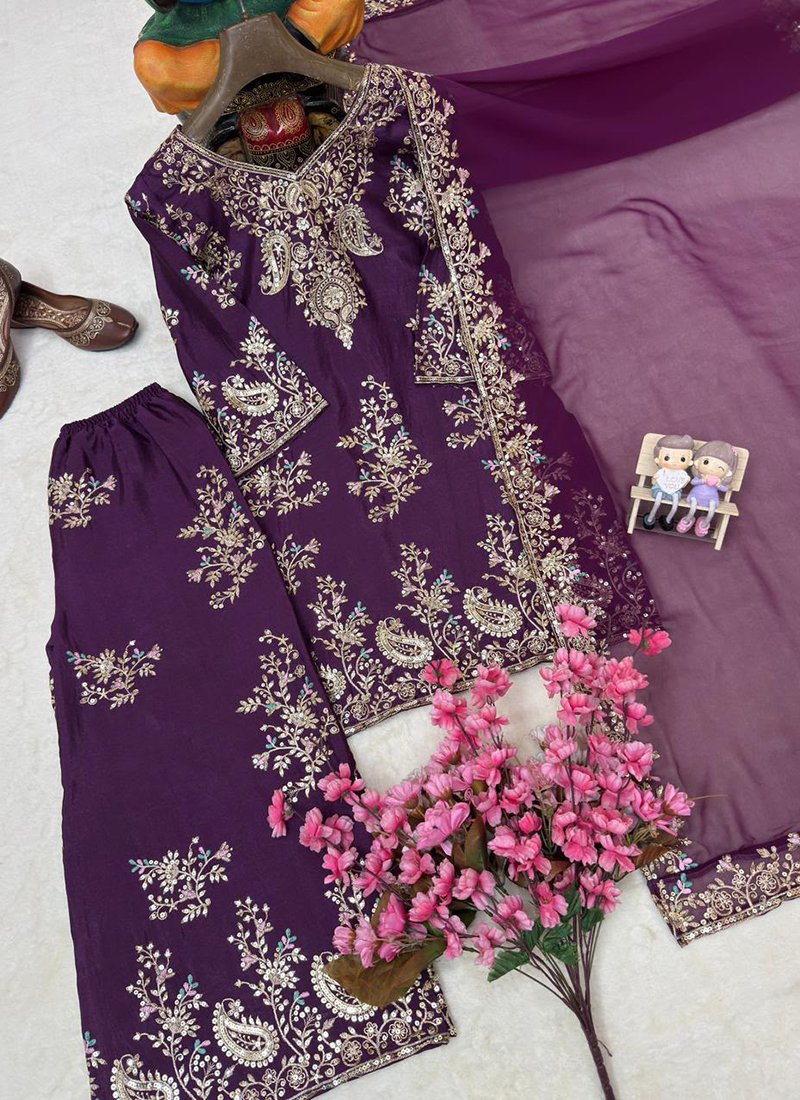 Chinon Silk Sequins Work Casual Wear Readymade Palazzo Suit
