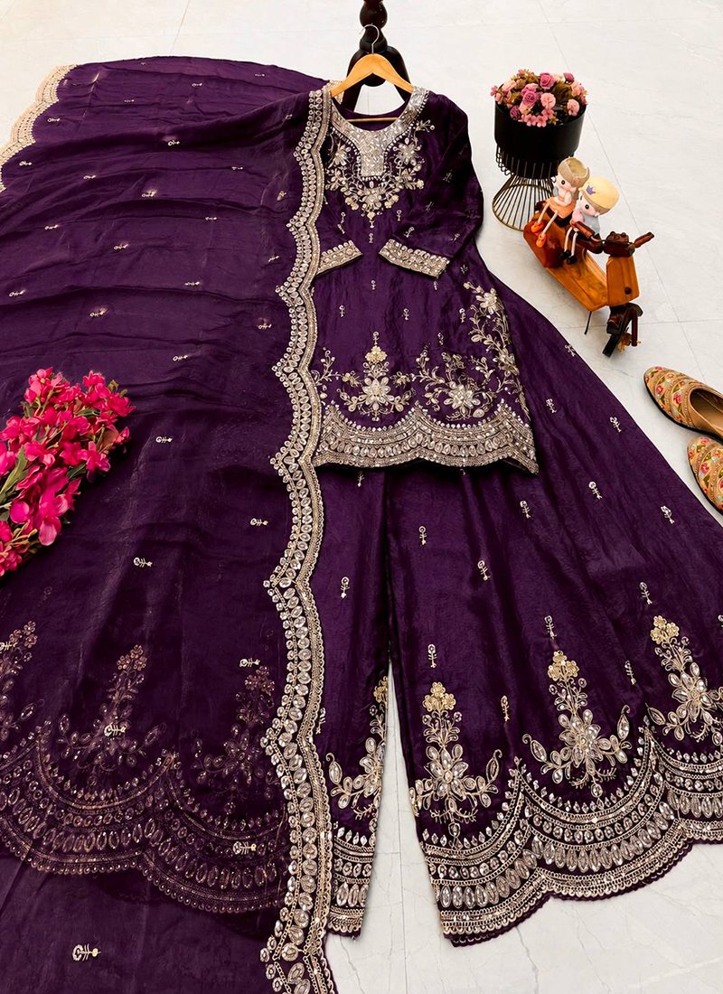 Silk Embroidery Work Readymade Plazzo Suit