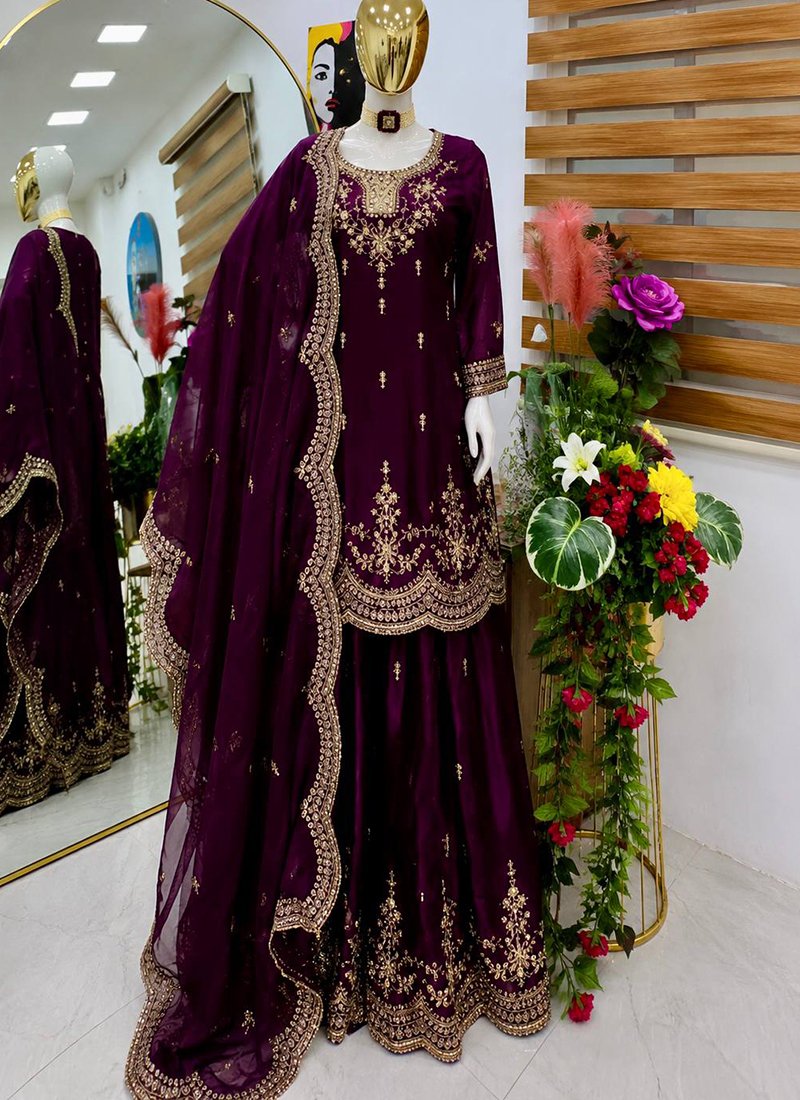 Silk Embroidery Work Readymade Plazzo Suit