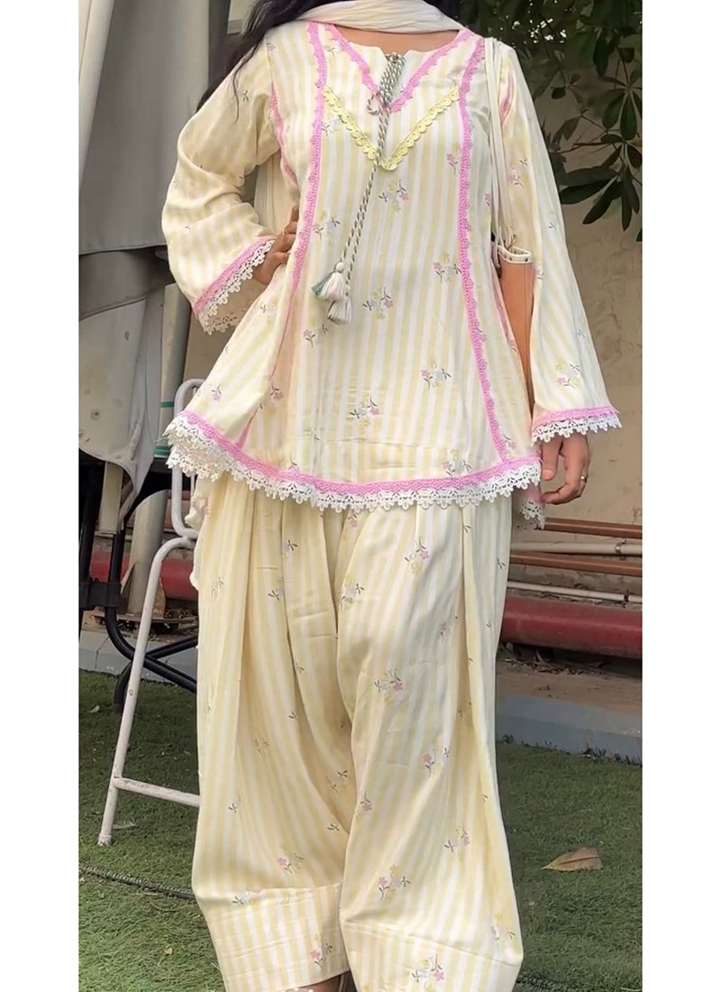 Yellow Crepe Silk Printed Work