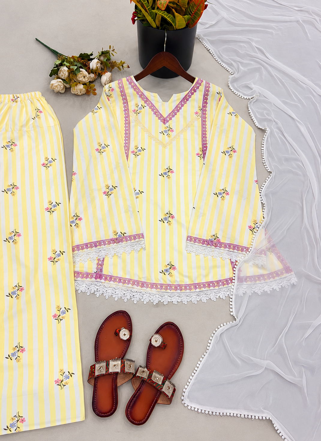 Yellow Crepe Silk Printed Work
