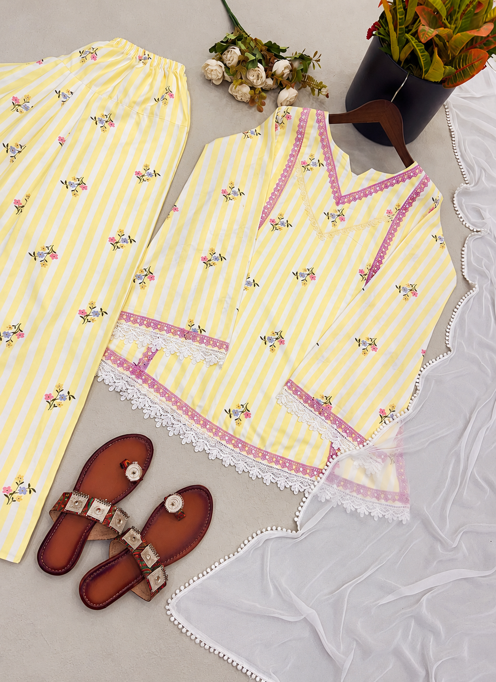 Yellow Crepe Silk Printed Work