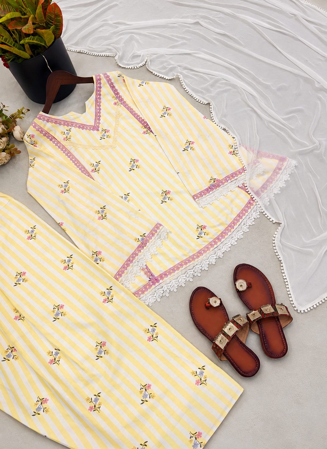 Yellow Crepe Silk Printed Work