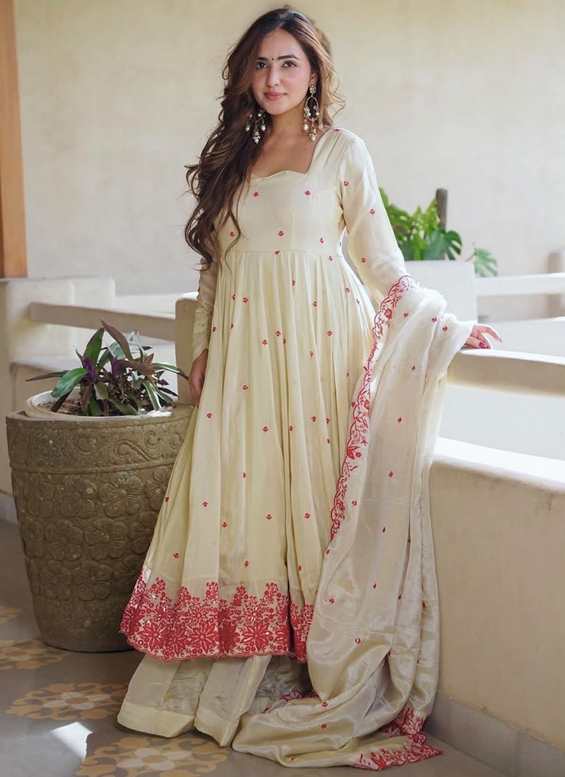 Cream Silk Embroidery Work Readymade Anarkali Suit