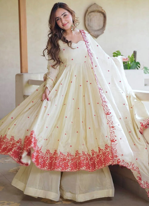 Cream Silk Embroidery Work Readymade Anarkali Suit