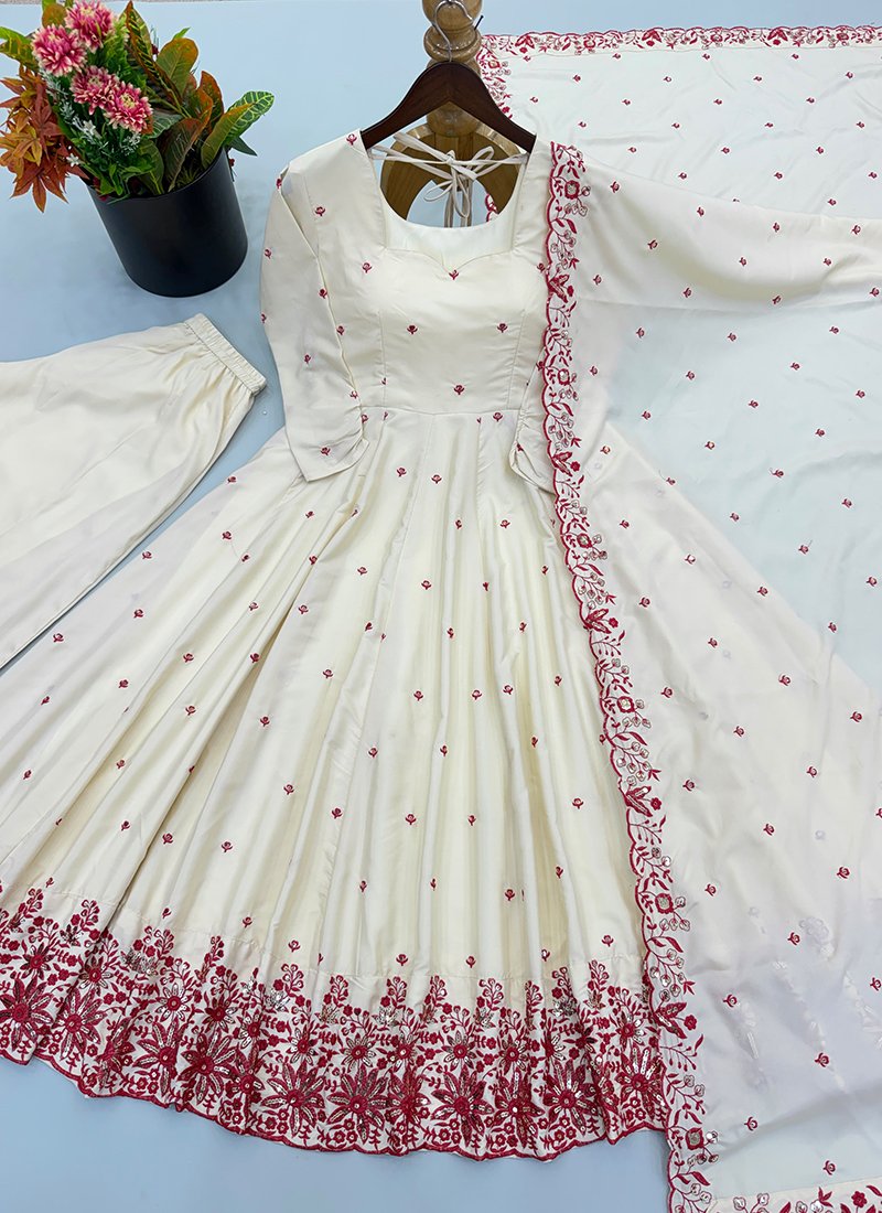 Cream Silk Embroidery Work Readymade Anarkali Suit