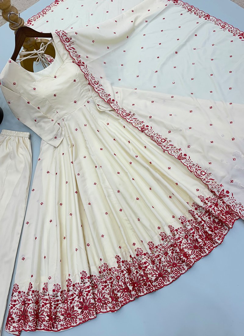 Cream Silk Embroidery Work Readymade Anarkali Suit