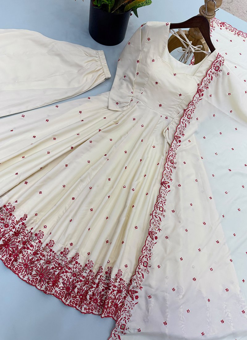 Cream Silk Embroidery Work Readymade Anarkali Suit