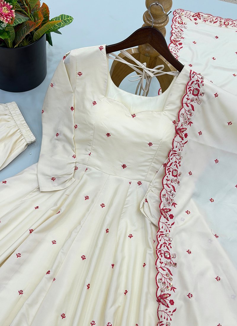 Cream Silk Embroidery Work Readymade Anarkali Suit